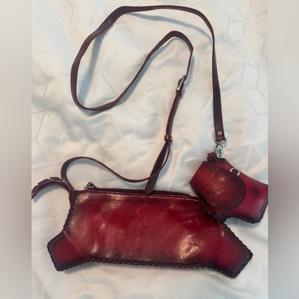 Vintage Burgundy Red Leather Dachshund Crossbody Purse 12 x 4 x 1